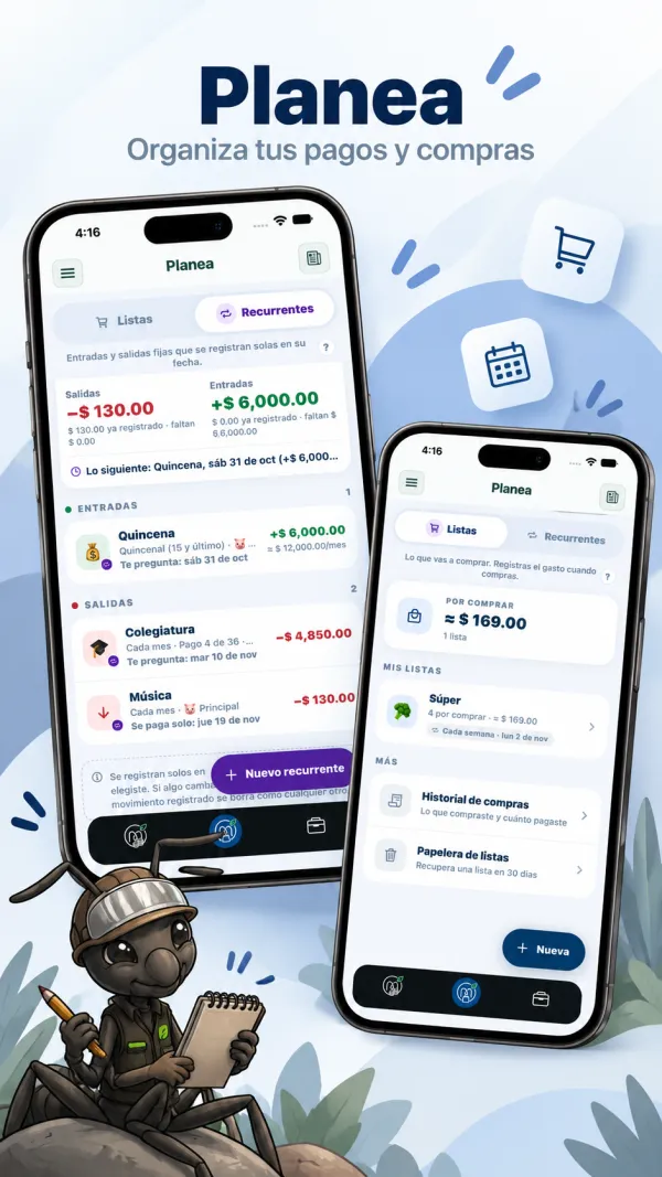 Planea: recurrentes y listas de compras